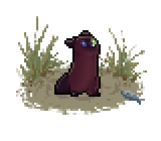 Pixel art of a young slugpup standing. It is dark red with point markings. One of its eyes is blue, while the other is green.